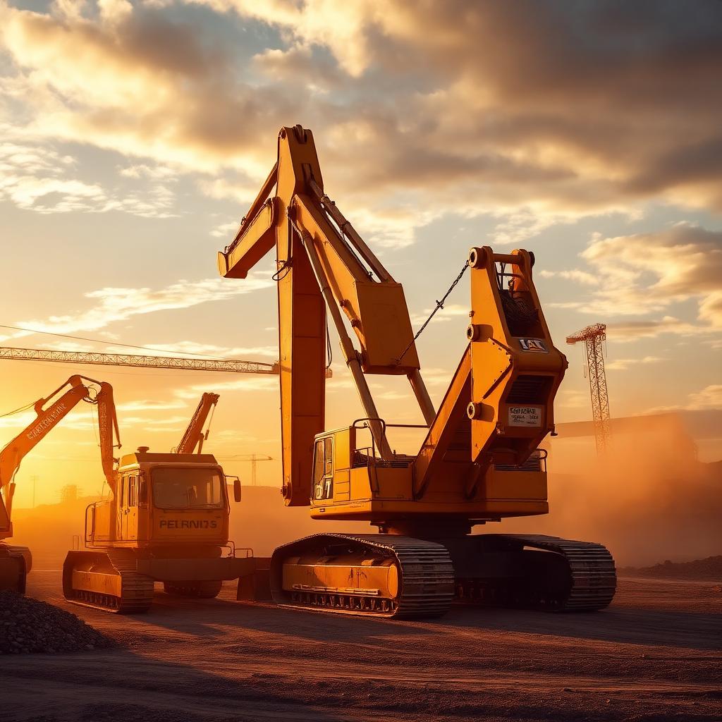 Heavy construction equipment at golden hour